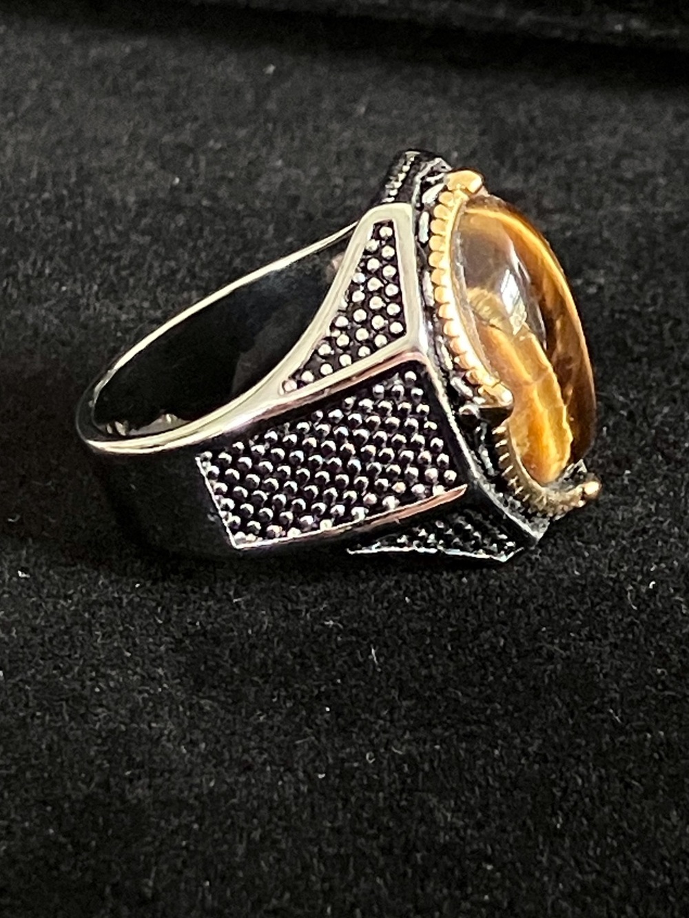 Men's Tiger's Eye Stone Signet Ring in Stainless Steel - Picture 2 of 7